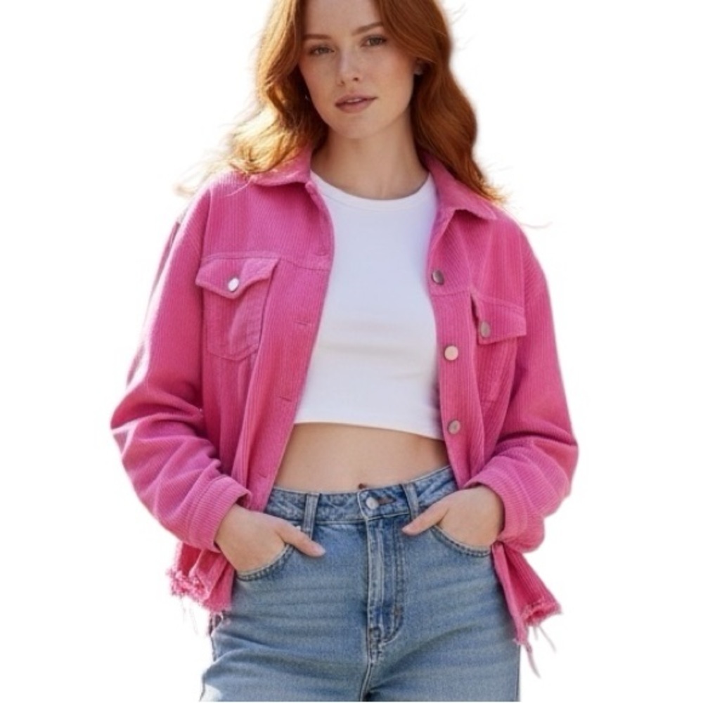 POL Large Hot Pink Corduroy Distressed Shacket Jacket Streetwear Feminine